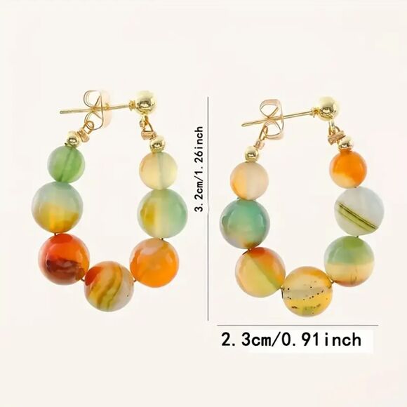Retro Style Round Agate Beaded Earrings Elegant Colorful Beaded Crystal Boho - Picture 3 of 5